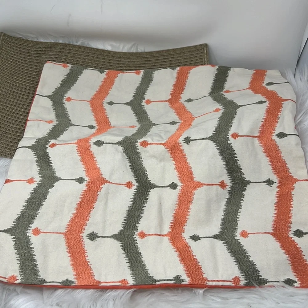 West Elm Embroidered Coral Gray Chevron Button Pillow Sham Cover Lined 20” X 20”